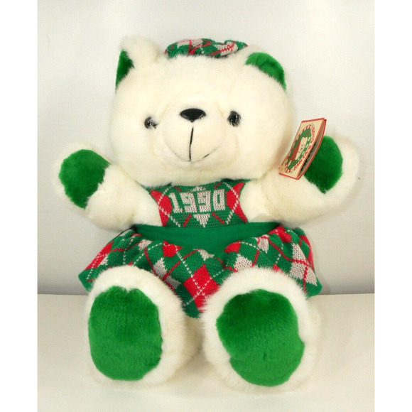 VTG 1990 Christmas Kmart Teddy Bear Stuffed Animal Plush Argyle Sweater Dress - Picture 1 of 15